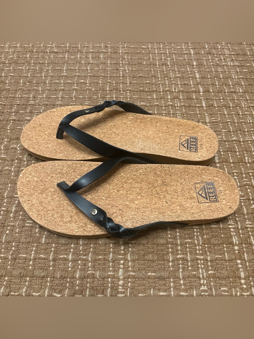 Reef Black Leather-Style Strap Cork Footbed Flip Flops